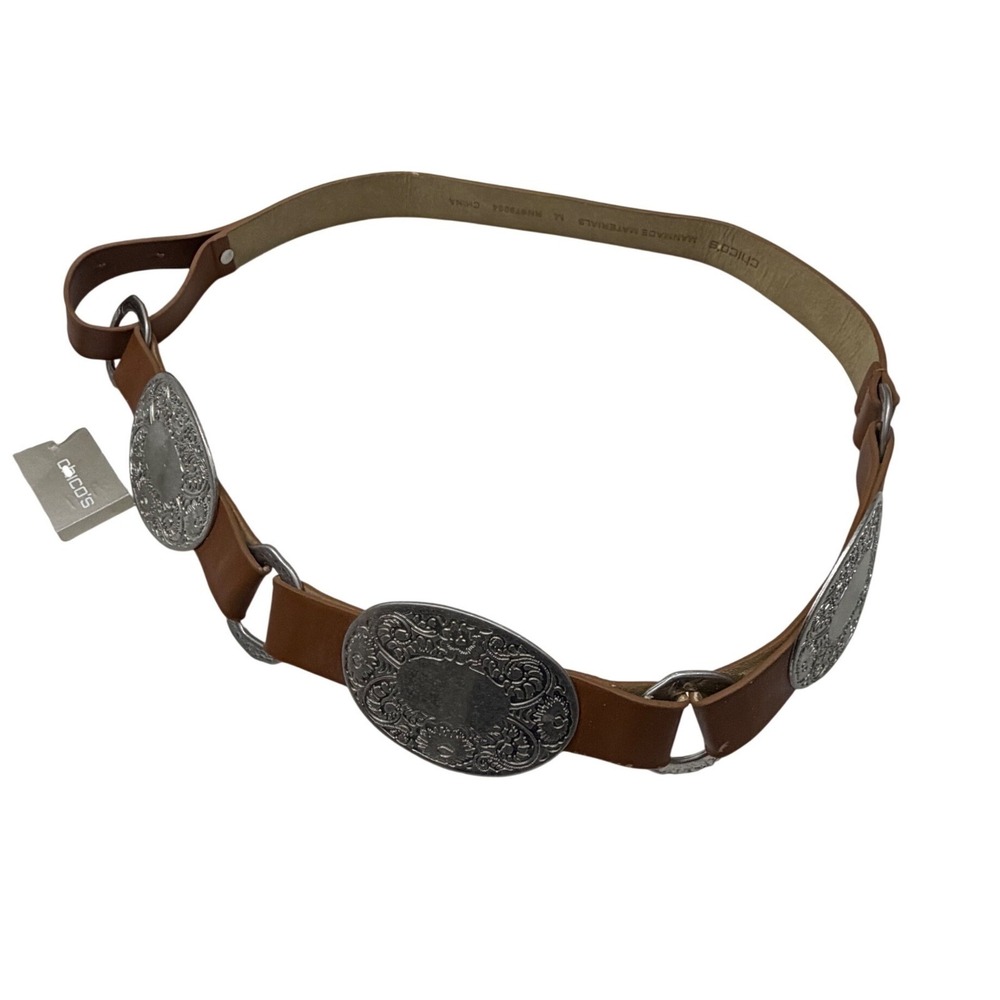 Chico's Concho Belt Marta West Slouch Size M Cognac Leather Boho Western NWT - Picture 4 of 11